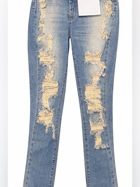 AP Blue High Rise Distressed Skinny Jeans | Size 1 | Edgy Ripped Denim